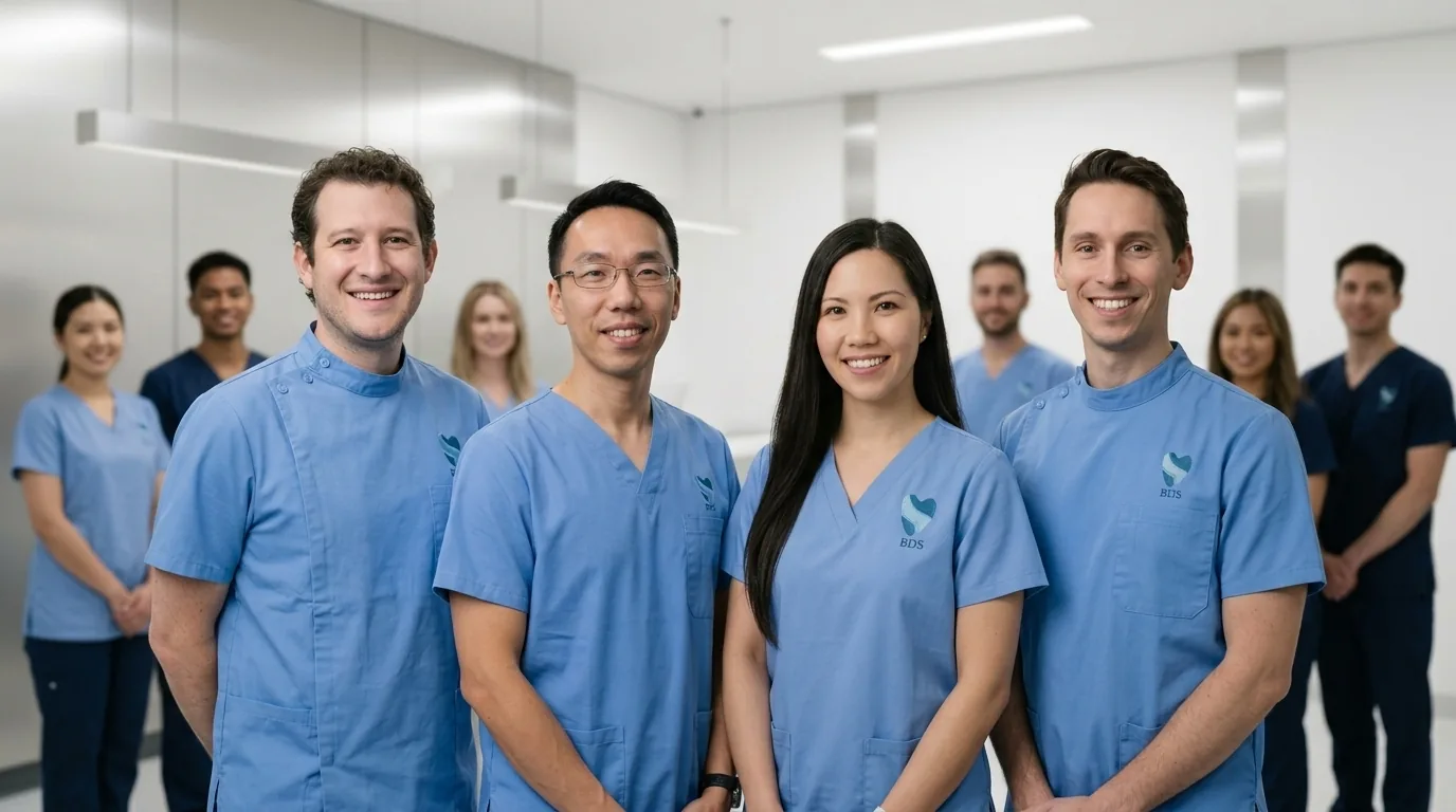 The Burtonsville Dental Suite team — four lead doctors and full clinical support staff in scrubs at our Burtonsville, MD office
